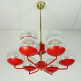 1960s chandelier, red metal and brass, 9 crackle glass shades