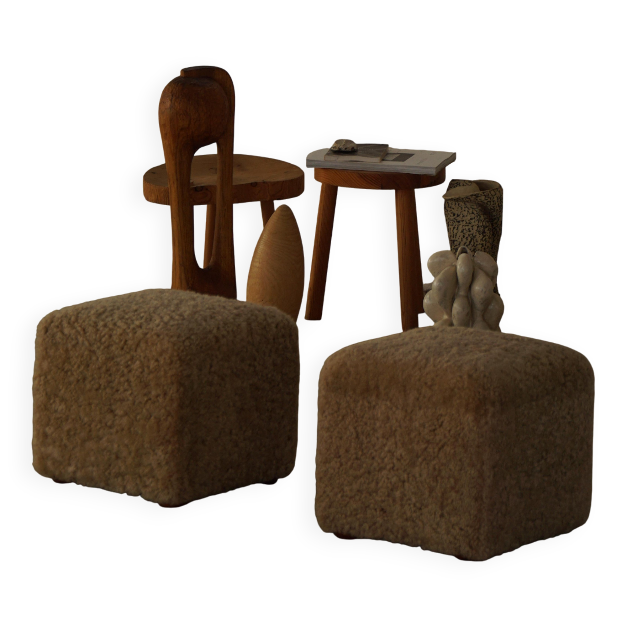 French mid-century cube poufs, a pair of lambswool stools, 1960s.