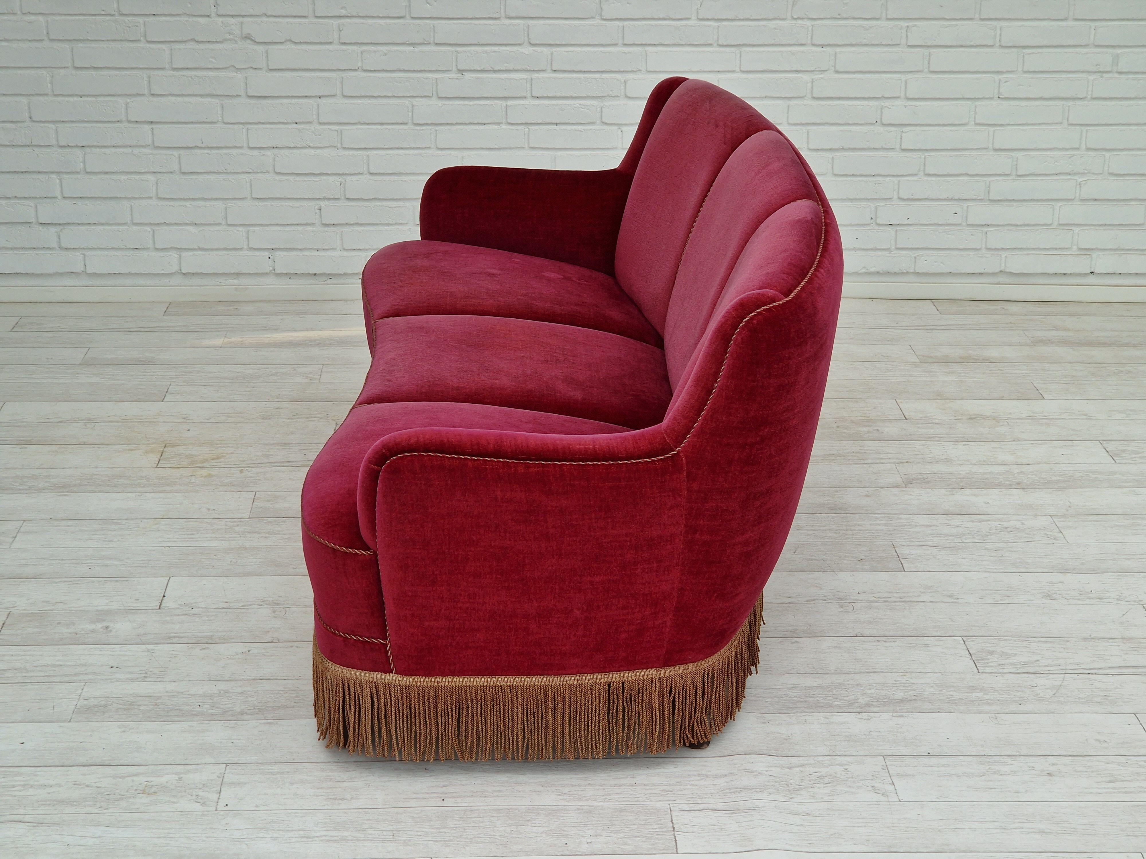 1970s, Danish vintage 2 seater "Banana" sofa, cherry-red velour, original very good condition.