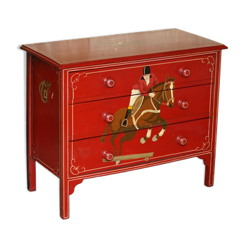 Hand-painted Victorian pine commode featuring a horse and jockey.