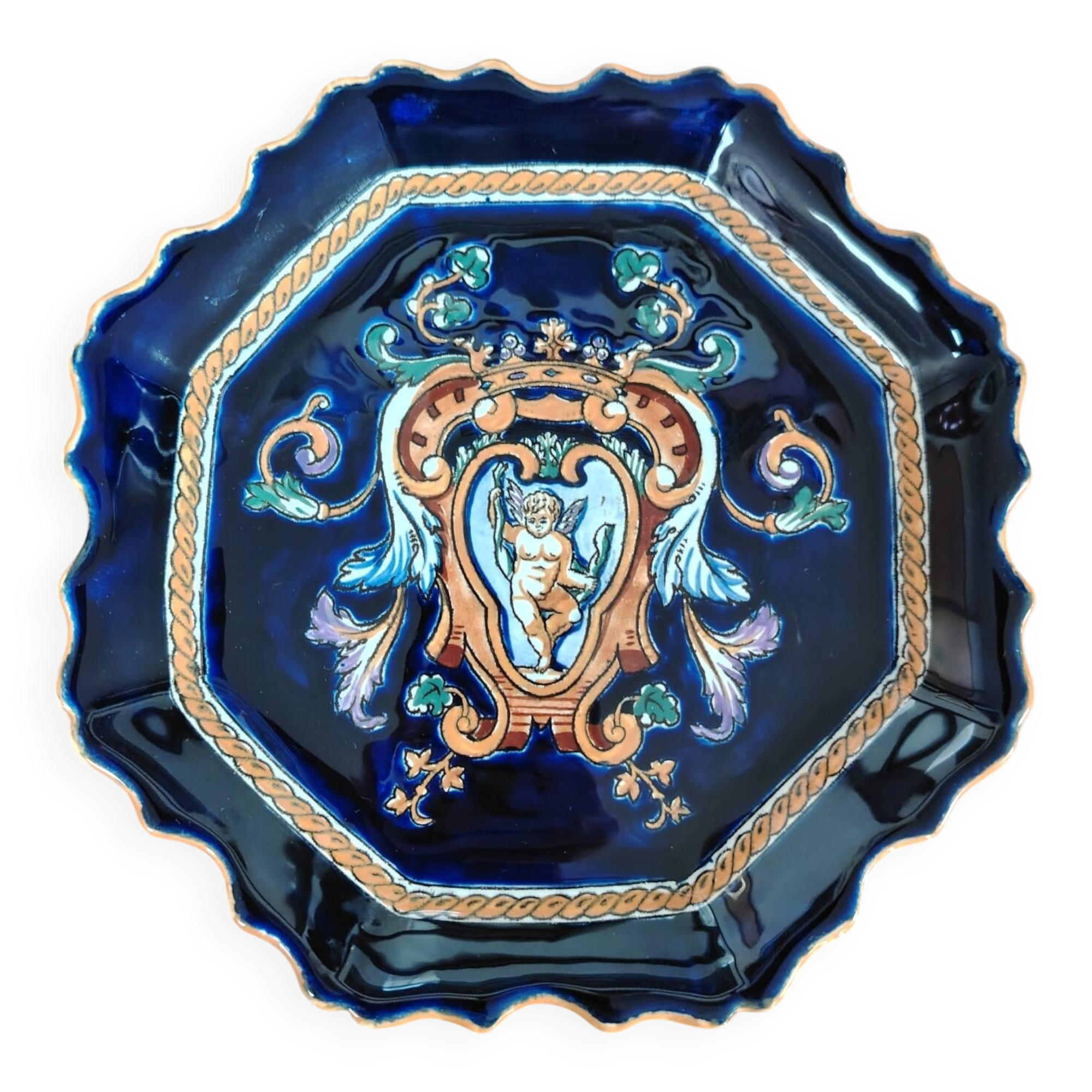 Empty pocket dish Gien Renaissance earthenware blue background D20 cm