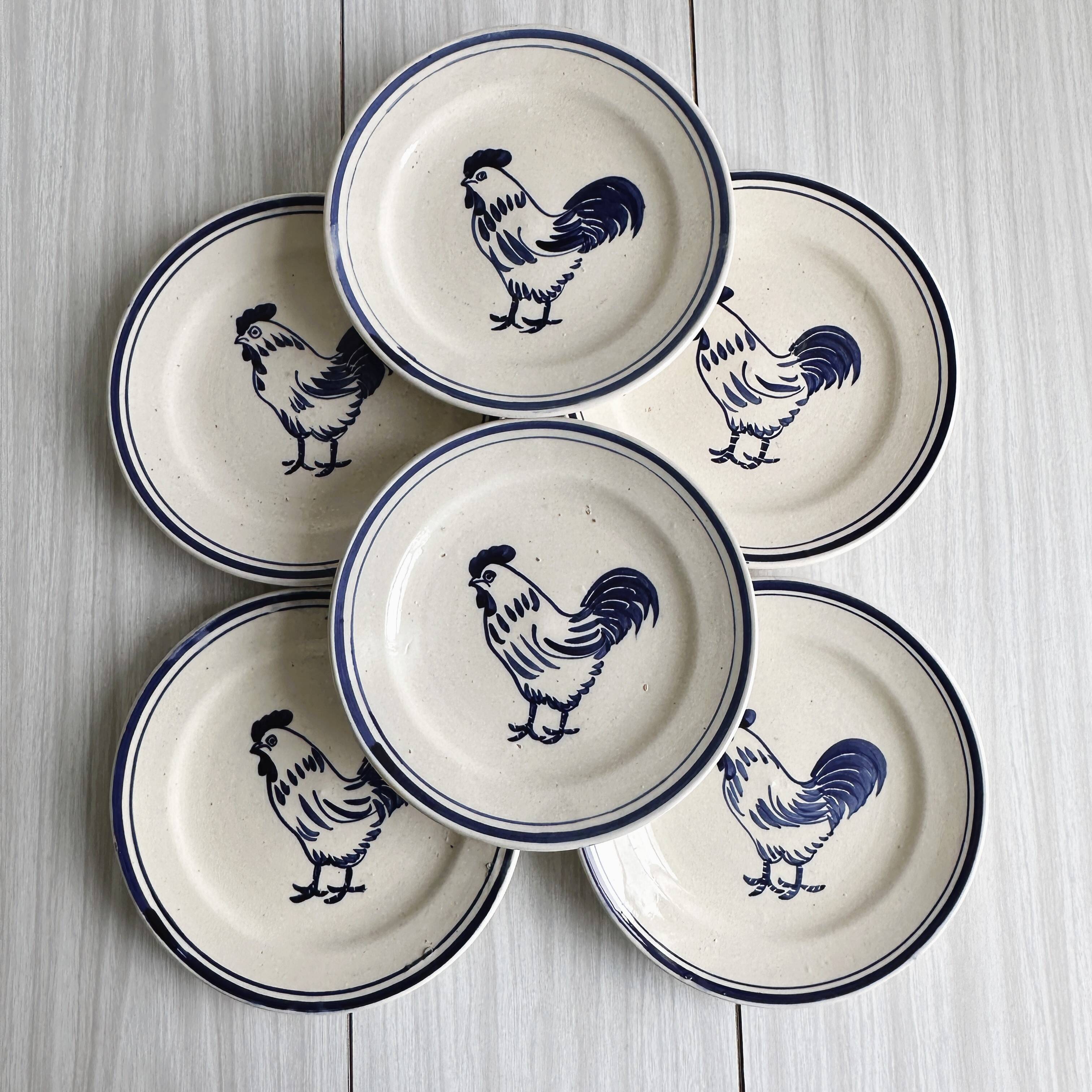 Set of 6 hand painted plates with rooster motif