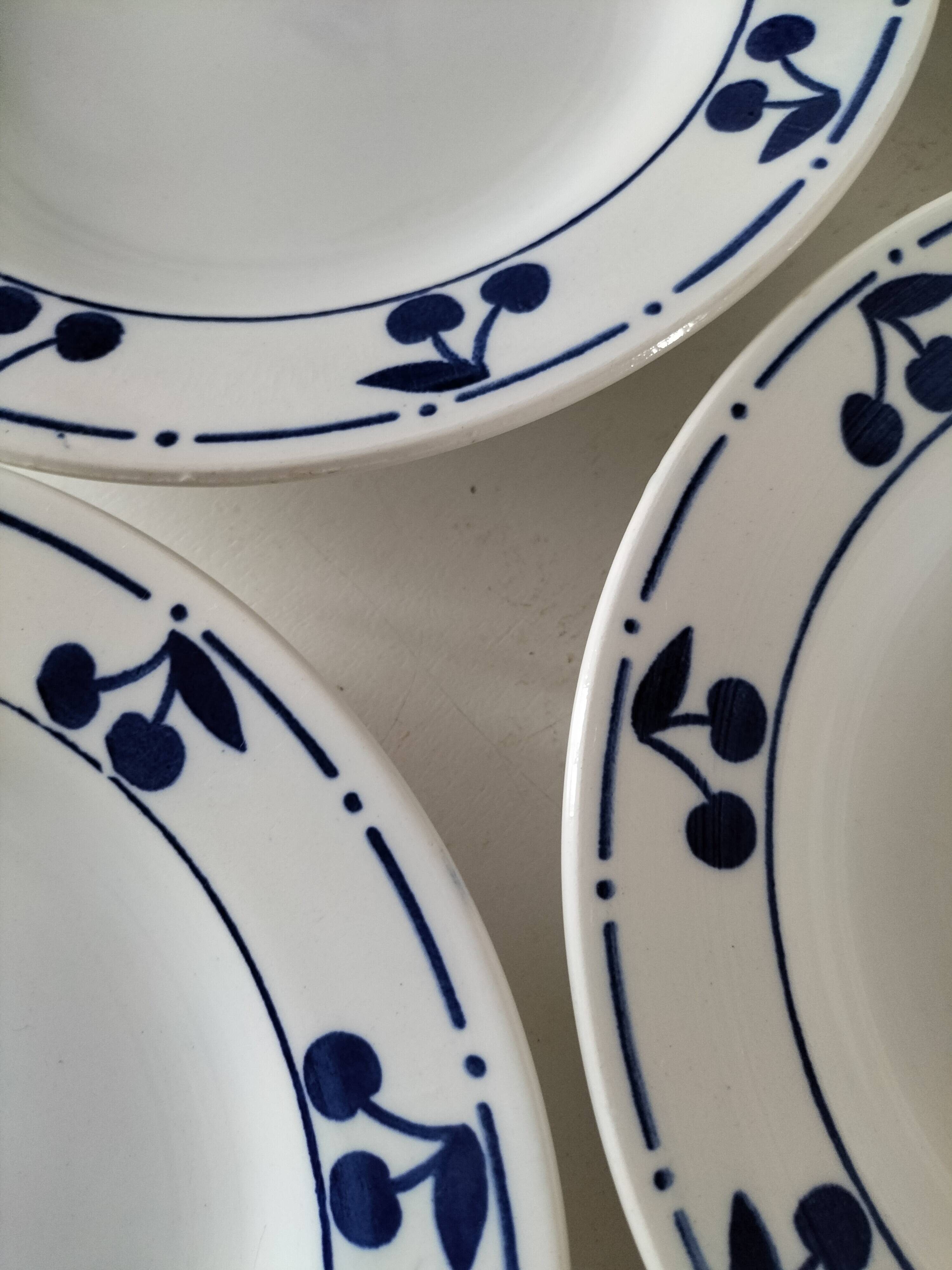 Set of 4 antique soup plates – “Blue Cherries” design – 1950s