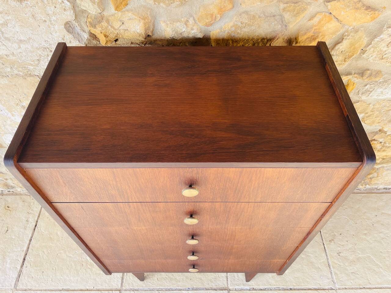 Commode haute vintage en chêne  à 5 tiroirs, circa 1950s