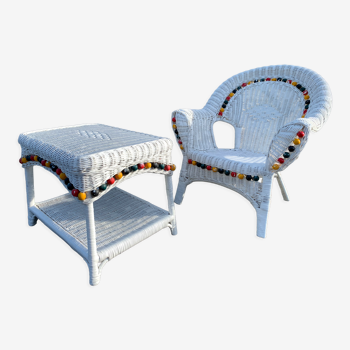 Rattan armchair and table for children, decorated with multicolored beads, 1950