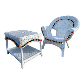 Rattan armchair and table for children, decorated with multicolored beads, 1950