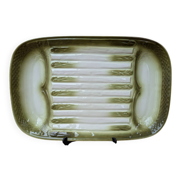 Asparagus serving dish Moulin des Loups decorated in Grand feu barbotine style.