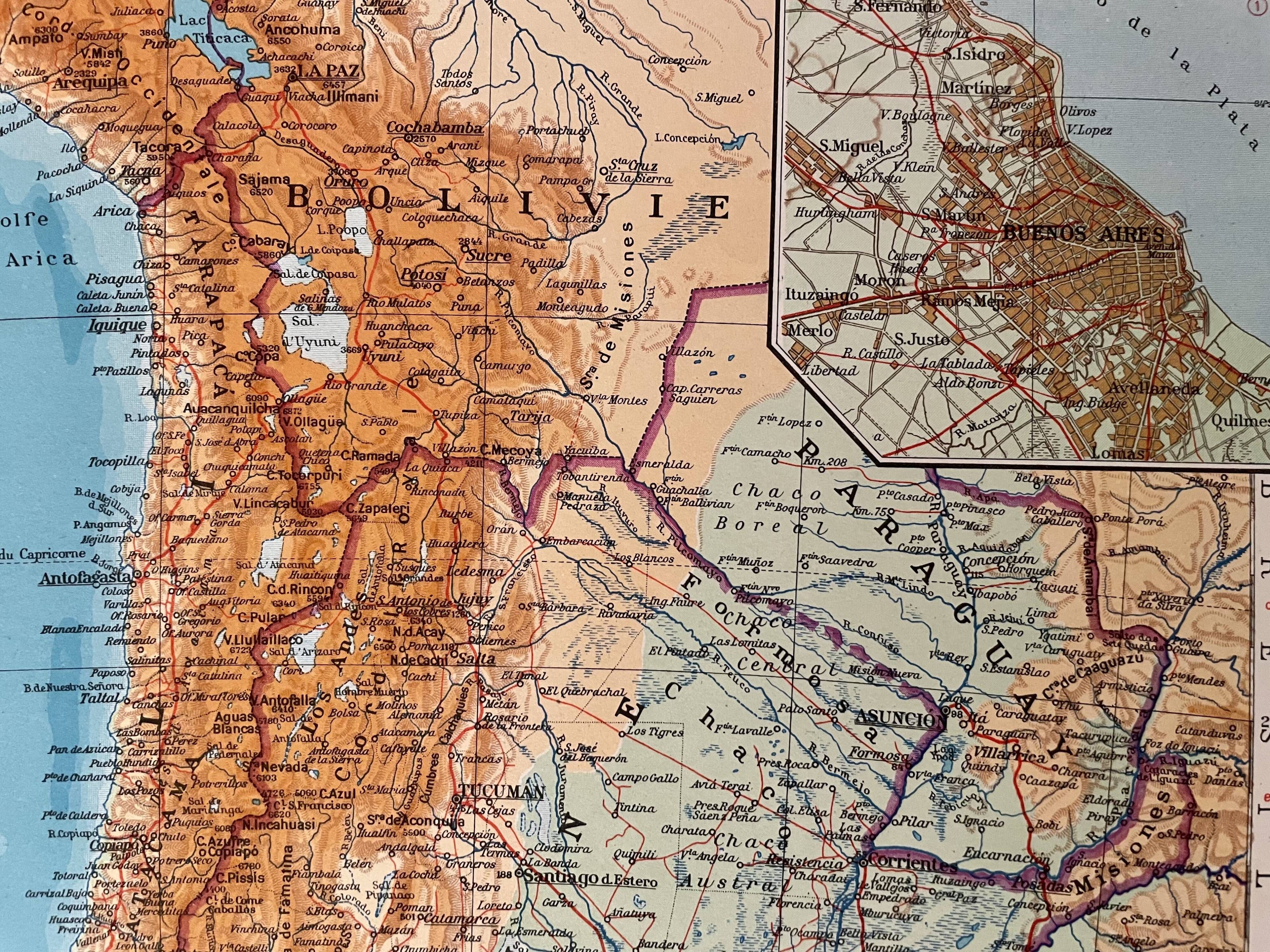 Map of Bolivia, Paraguay, Argentina, Chile, Uruguay 1940