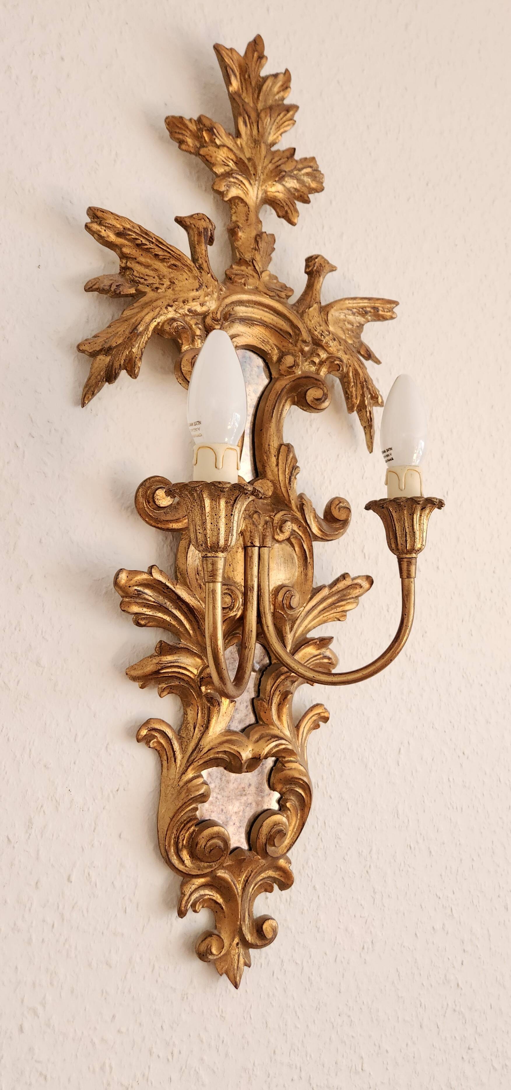 Louis XVI wall lamps Rocaille gilded carved wood antique mirror glass