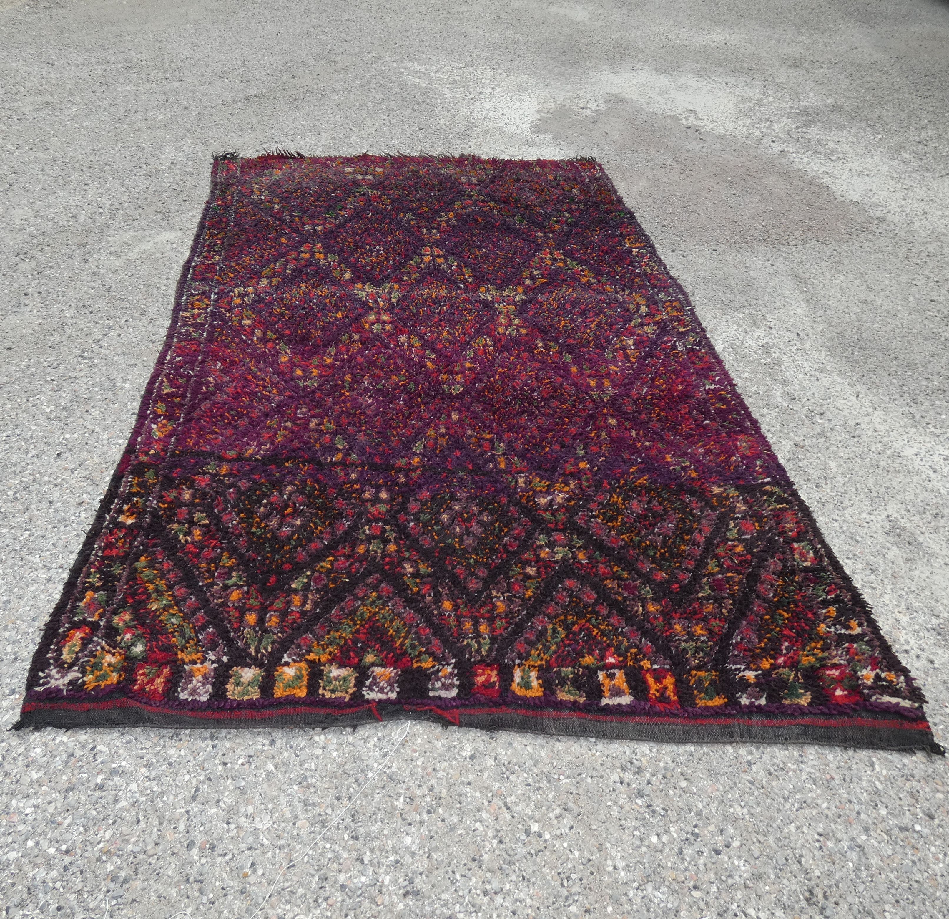 Berber carpet beni ourain wool with purple background patterns diamonds, circa 1950 177x284 cm