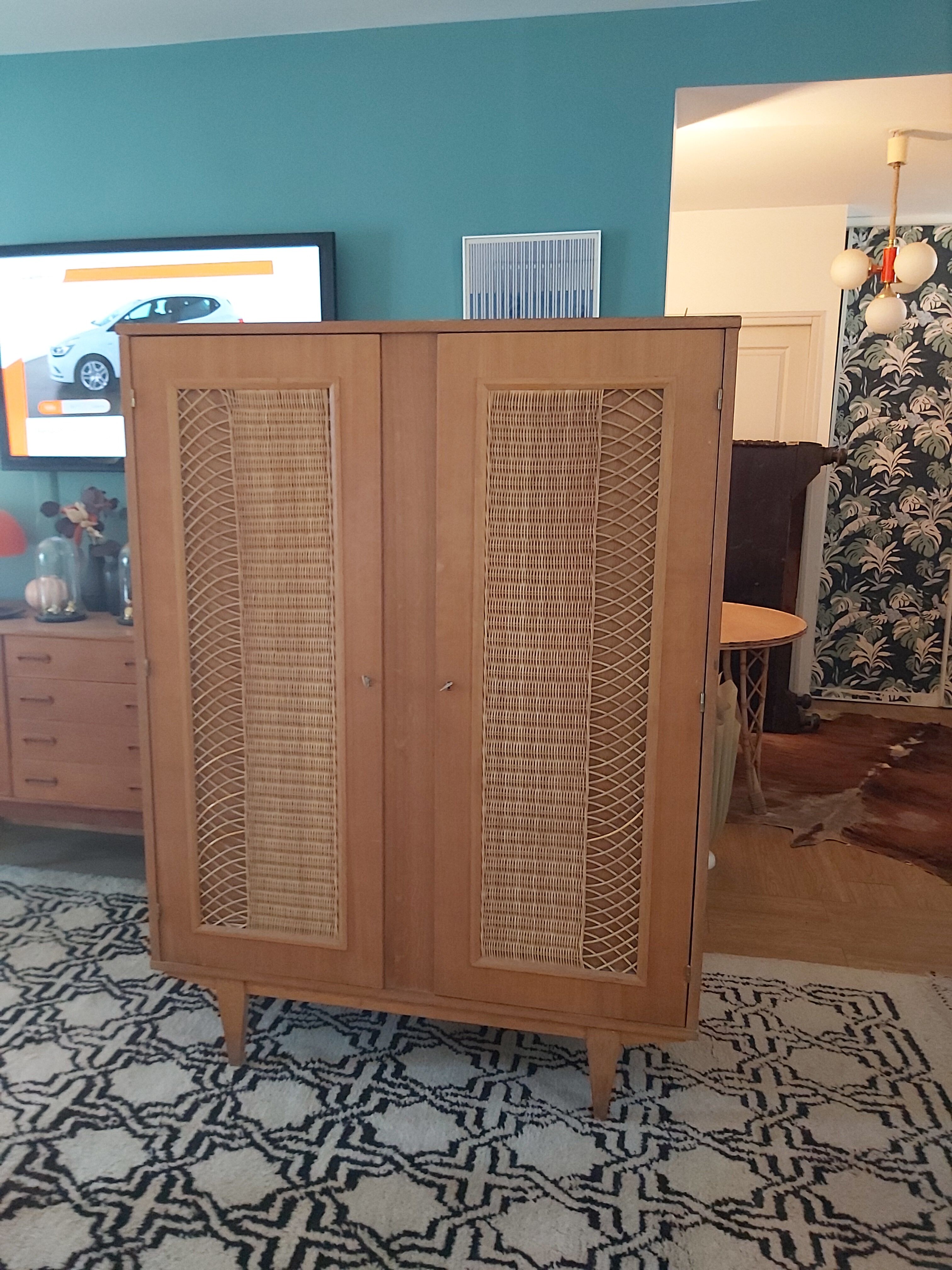 Vintage wooden and rattan cabinet