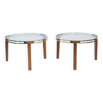 2 Italian glass brass walnut wood Galotti & Radice coffee tables, Italy 1970s