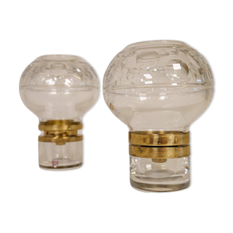 Pair of solid clear crystal candlesticks in modern Scandinavian style Orrefors Sweden