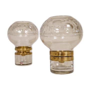 Pair of solid clear crystal candlesticks in modern Scandinavian style Orrefors Sweden