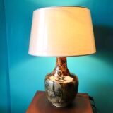 Lampe en terre cuite à glaçure et coulure brun, aucre et beige foncé. Quimper, France 1960