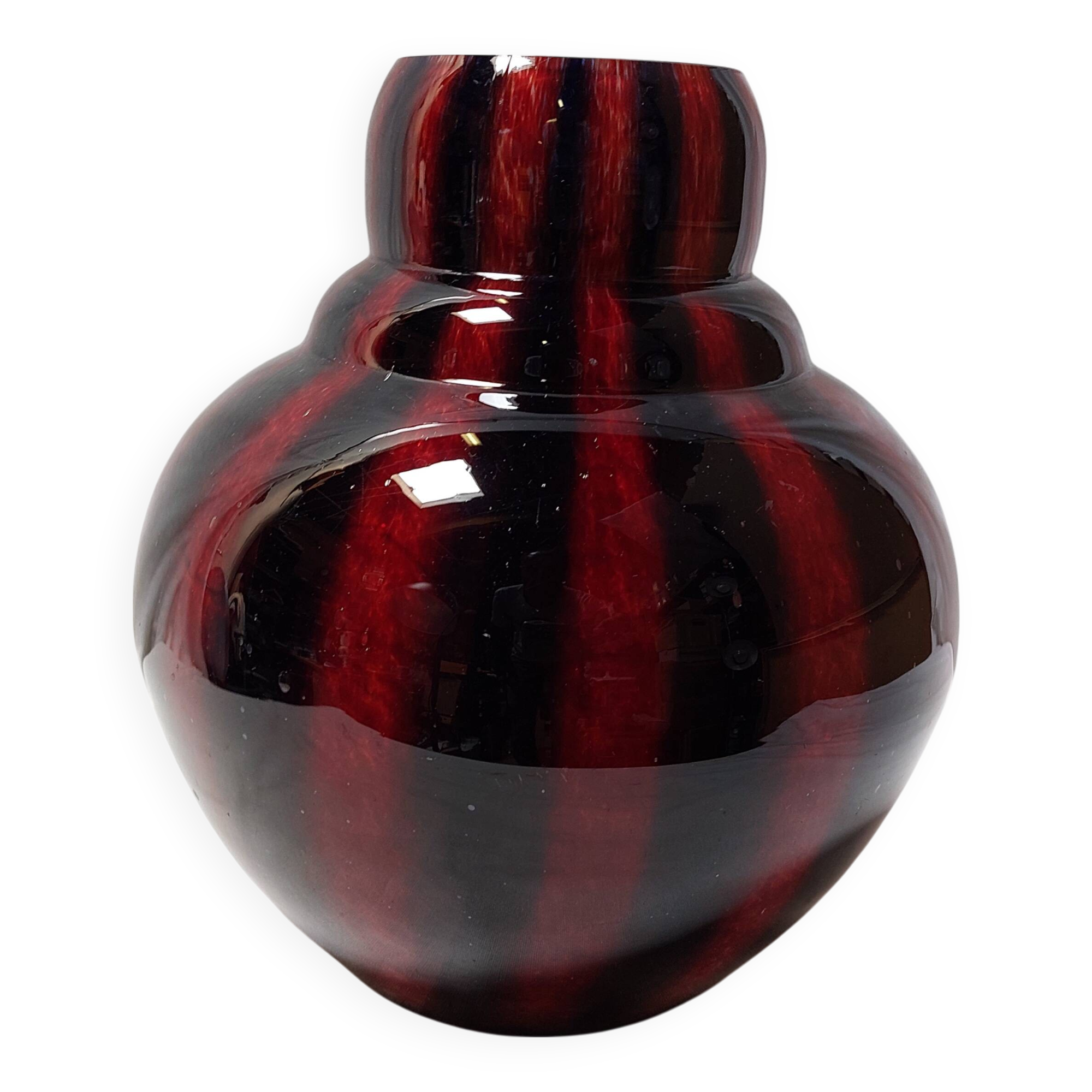Large vintage blown glass ball vase with red and midnight blue flamed decor