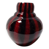 Large vintage blown glass ball vase with red and midnight blue flamed decor