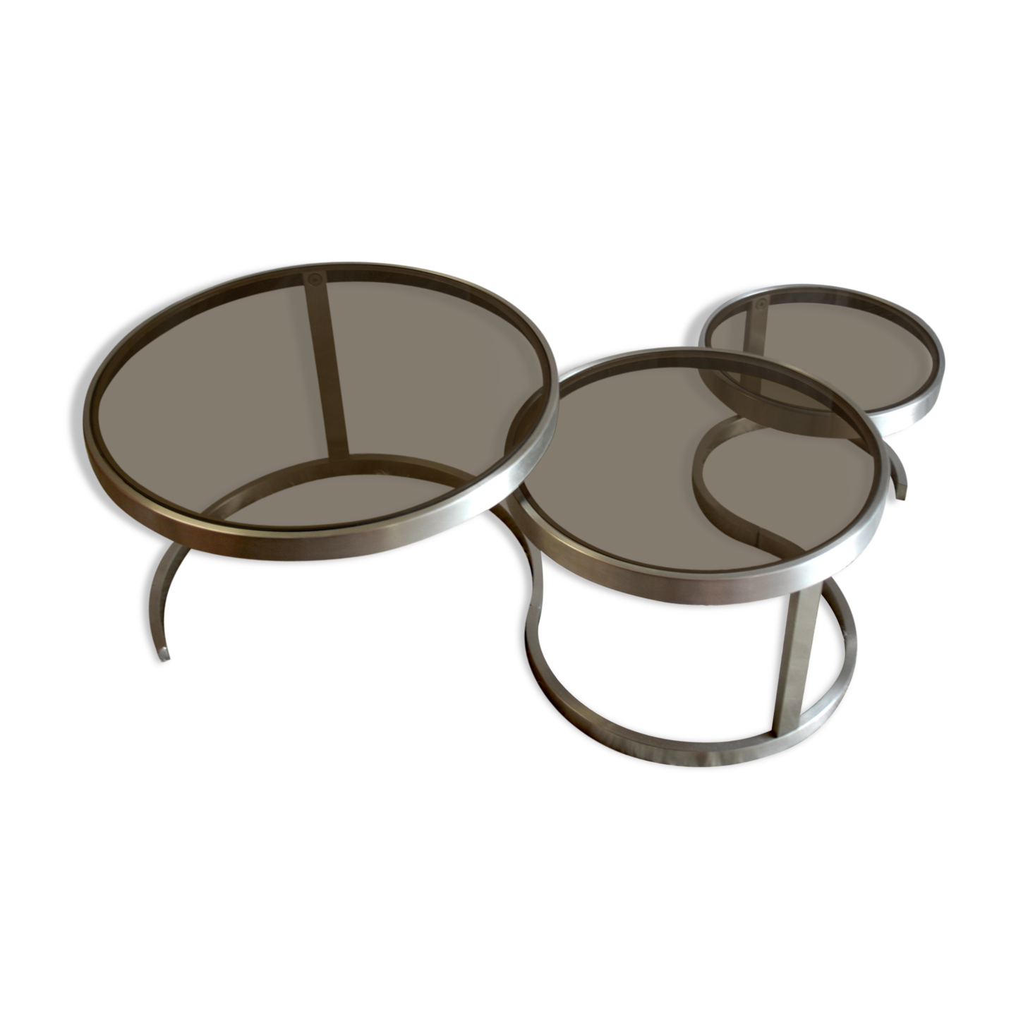 Pull-out tables (x 3) steel and glass smoked - 70s