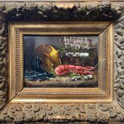 HSP painting "Still life with mussels and lobster" 19th century signed Bournay + frame