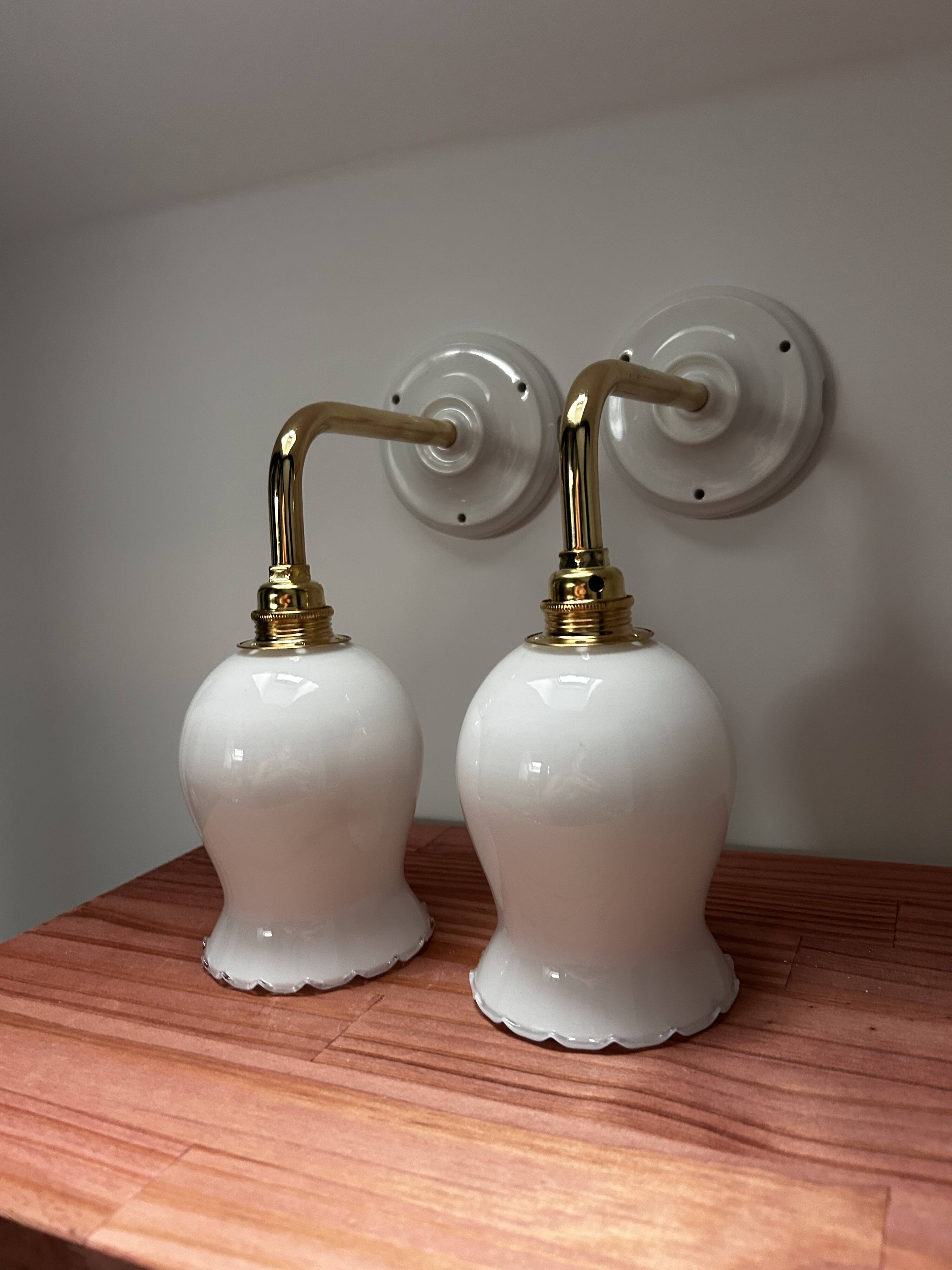 Pair of white opaline wall lights