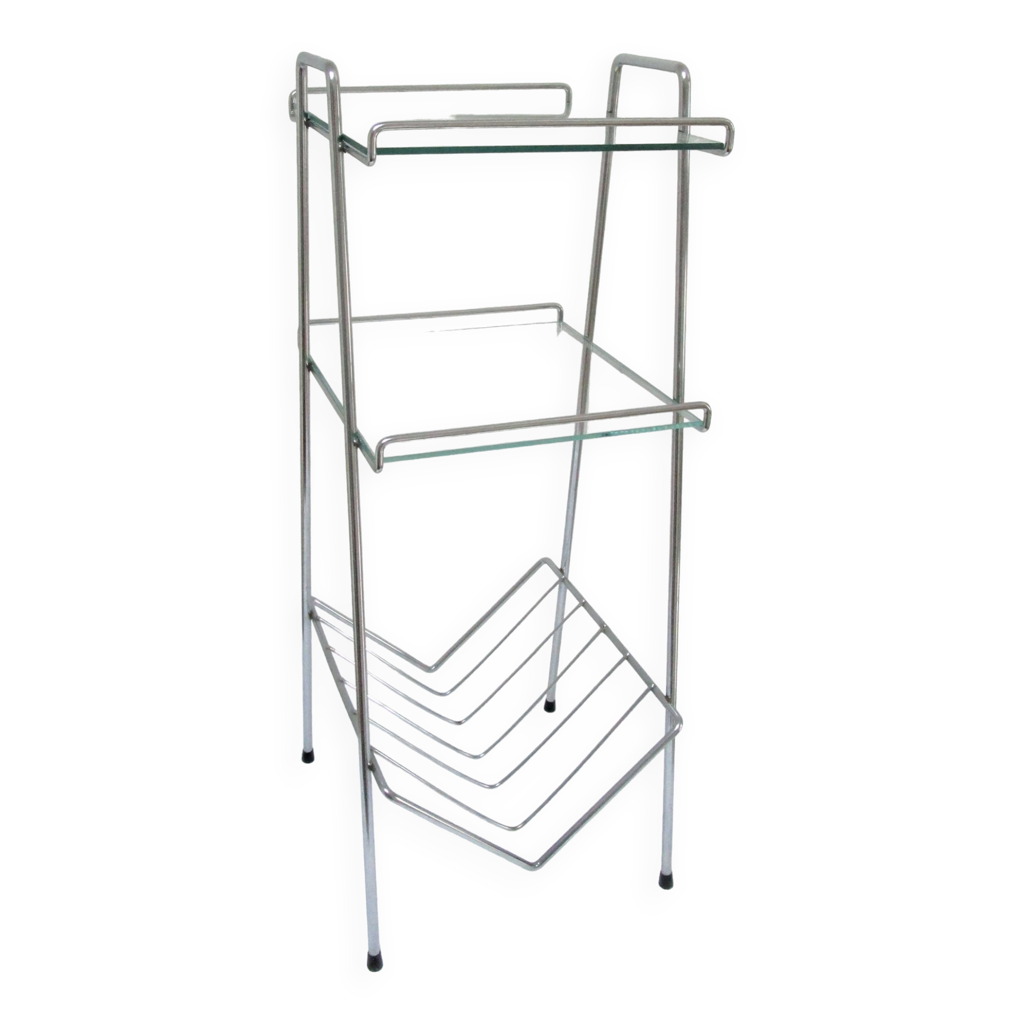 Chrome metal glass saddle shelf magazine rack 70s