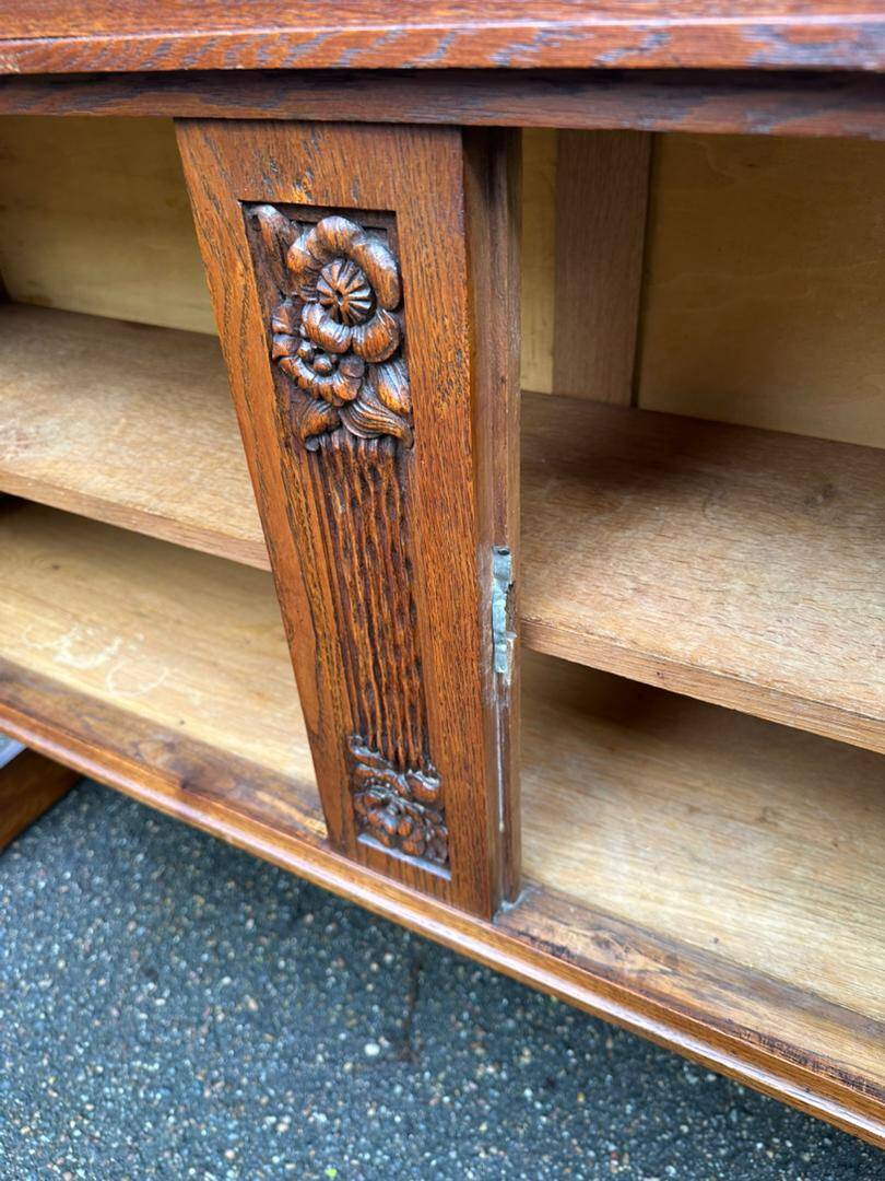 Art Deco sideboard in solid oak and frosted green glass, 1940.