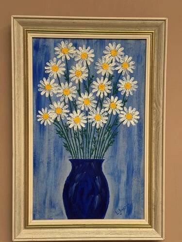 Swedish Oil on Canvas “Blue vase with flowers” by L jonsson Vintage 45x31cm