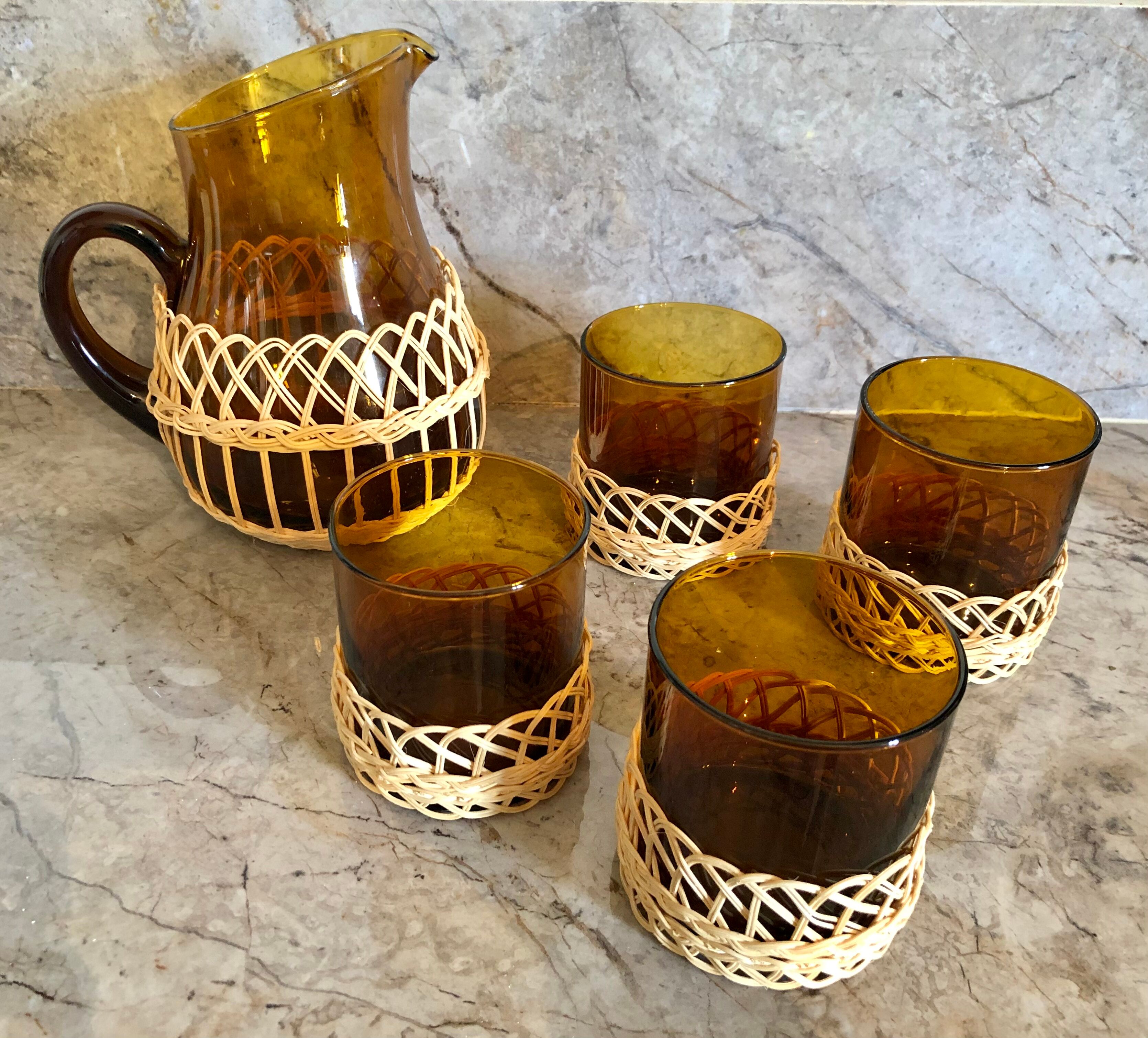 Pitcher and amber glasses and rattan