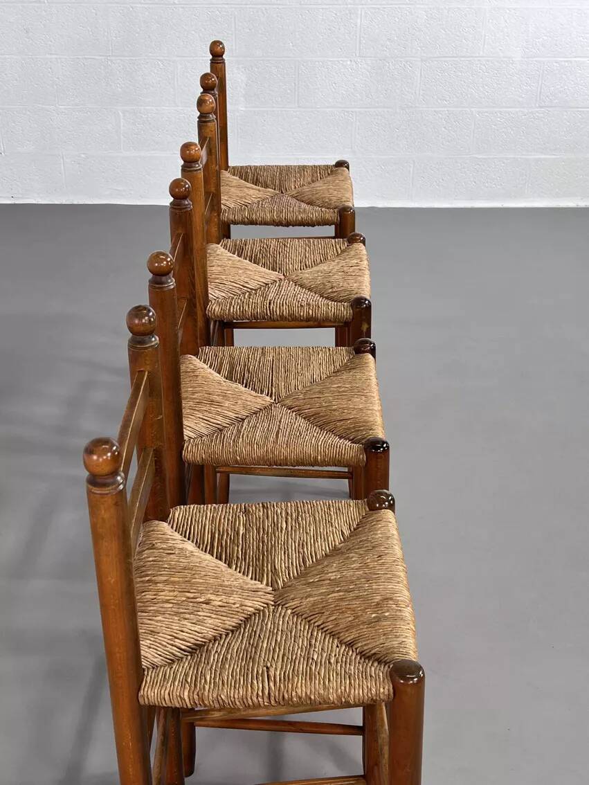 Set of 4 50s bar stools in wood and woven straw seat