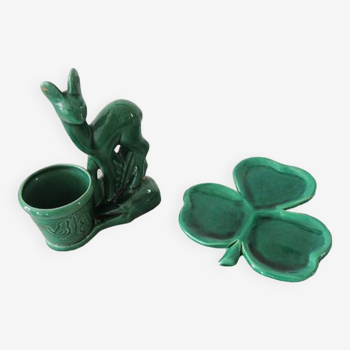 Old suede plant holder & cup clover in green earthenware