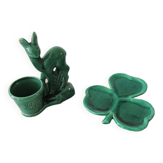 Old suede plant holder & cup clover in green earthenware