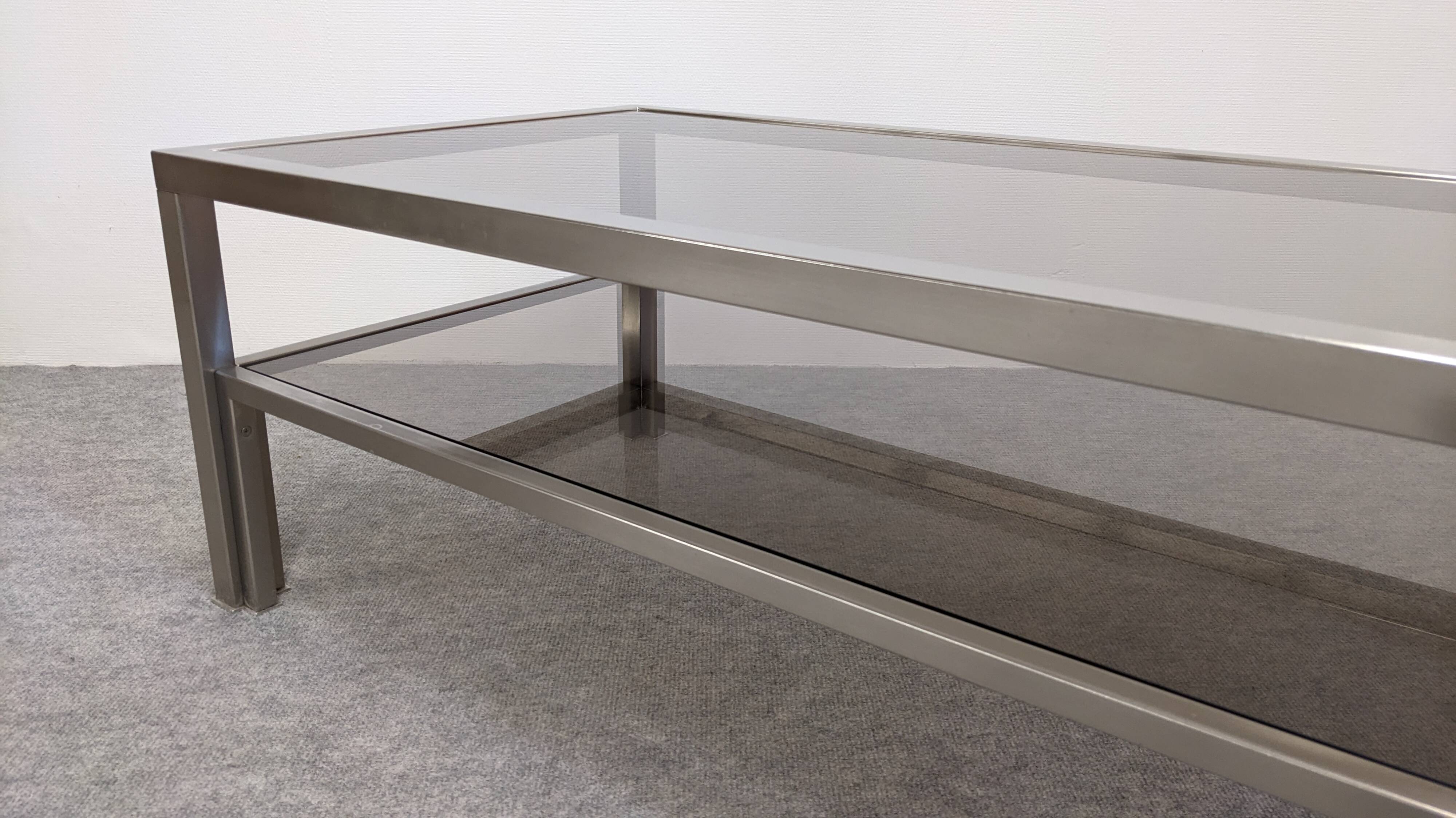 Table basse à 2 plateaux en inox brossé et verre fumé, France vers 1970