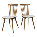 Pair of Baumann Menuet chairs, Honey patina, White vinyl seats