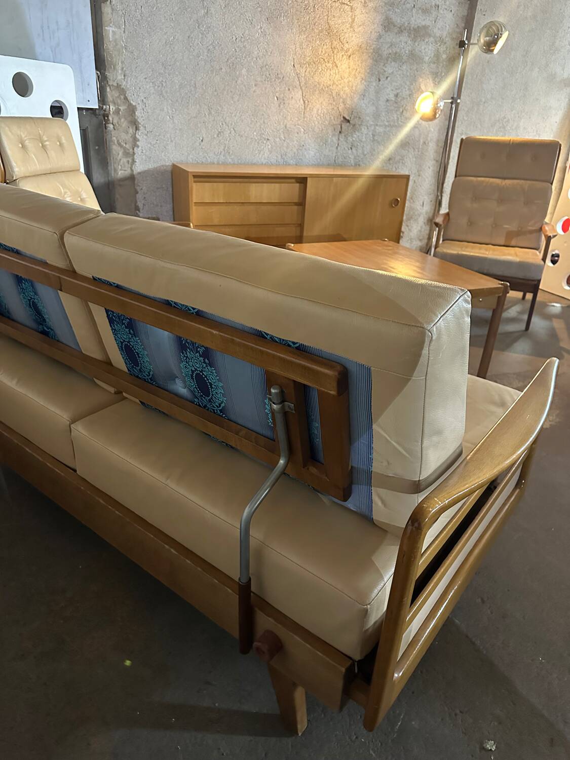 Scandinavian Style Sofa + Three Armchairs Set in Light Wood and Leather