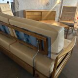 Scandinavian Style Sofa + Three Armchairs Set in Light Wood and Leather