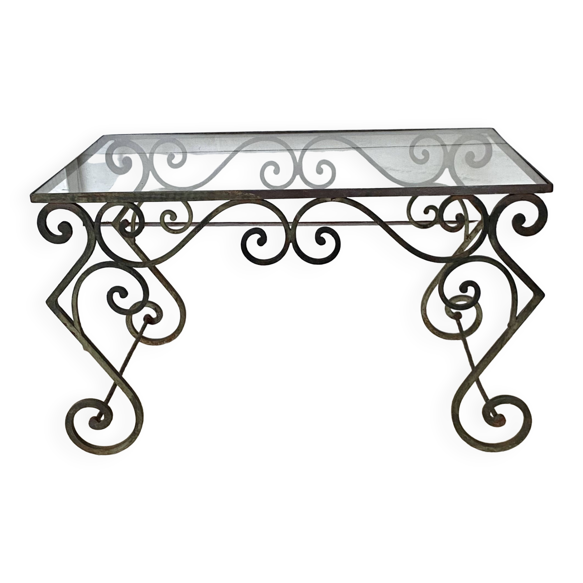 Table verre et fer forgé, années 50