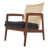 Fauteuil à dossier bas en rotin et cuir par P.J. Muntendam pour Gebr. Jonkers, Pays-Bas, années 1950