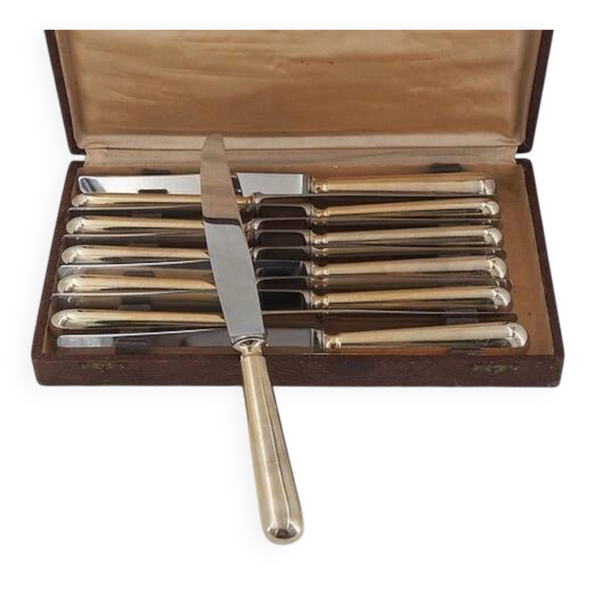 12 table knives model Baguette, golden handles, excellent condition.