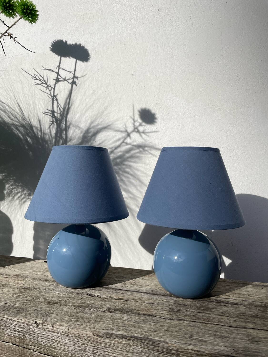 Pair of blue ceramic ball lamps