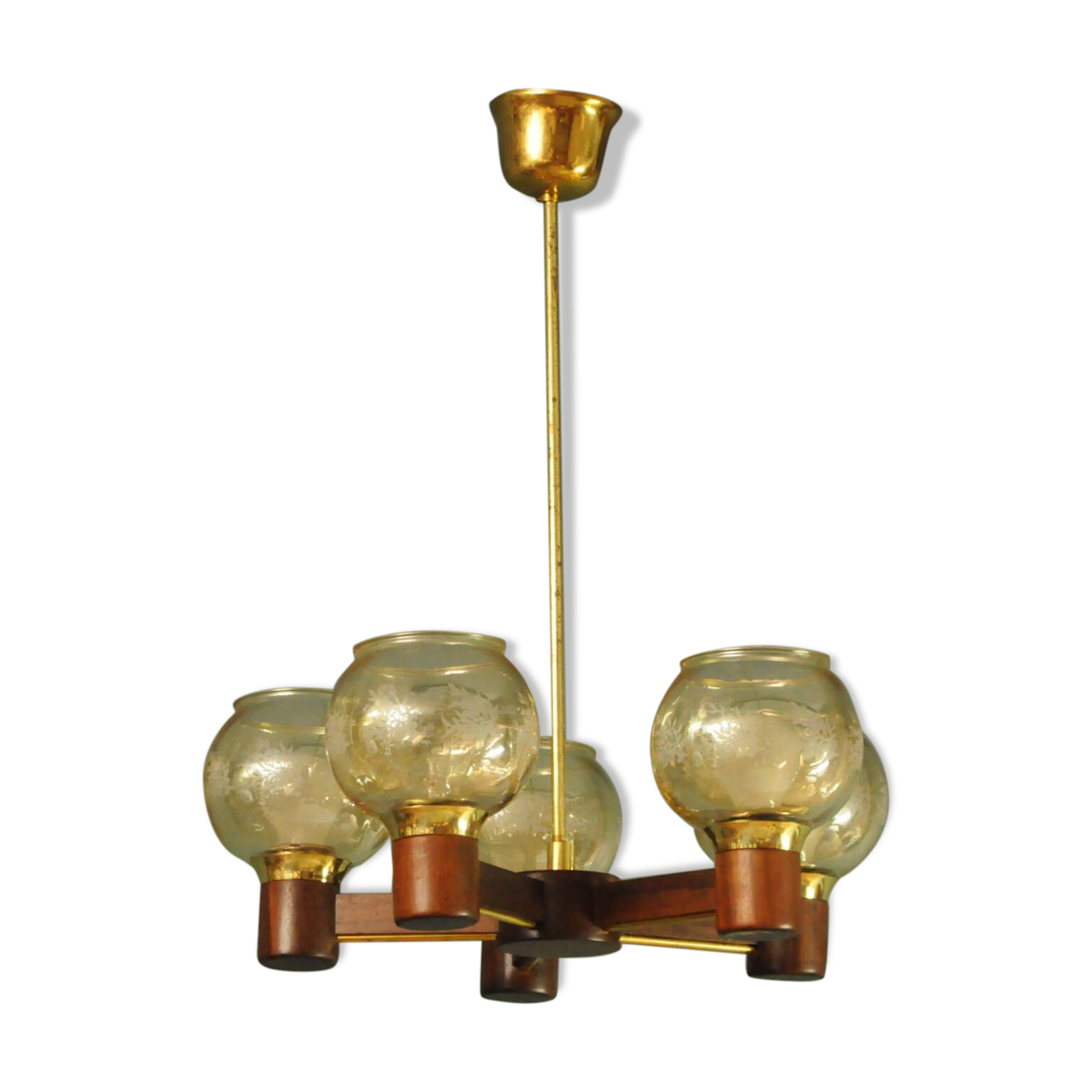 Scandinavian chandelier in mahogany wood and brass