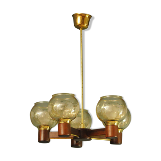 Scandinavian chandelier in mahogany wood and brass