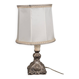 Louis XIV style 19th century silver or silver metal lamp with white lampshade