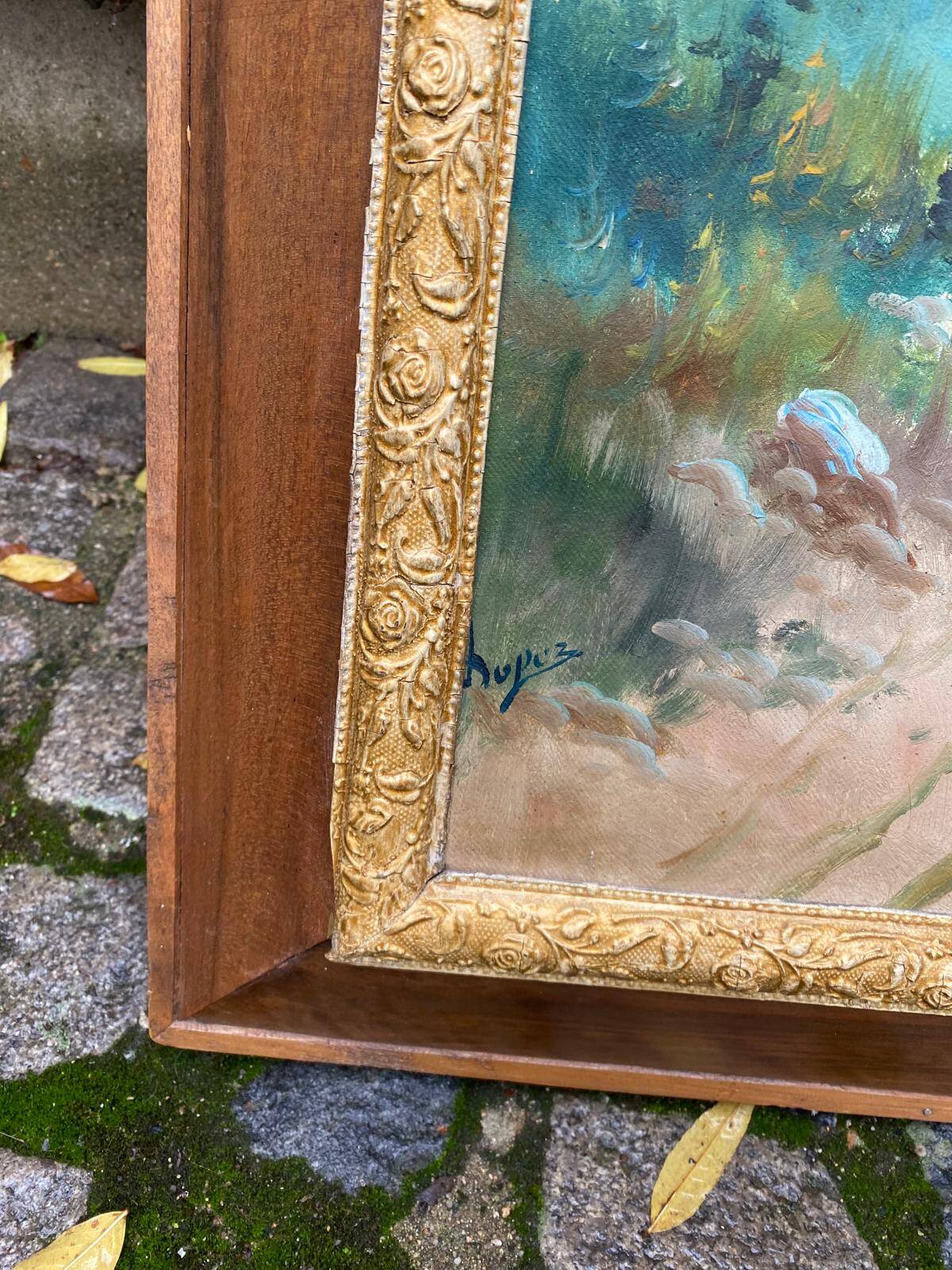 Oil painting on canvas, house and lake, 120x80cm