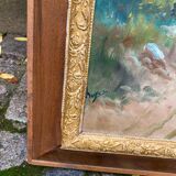 Oil painting on canvas, house and lake, 120x80cm