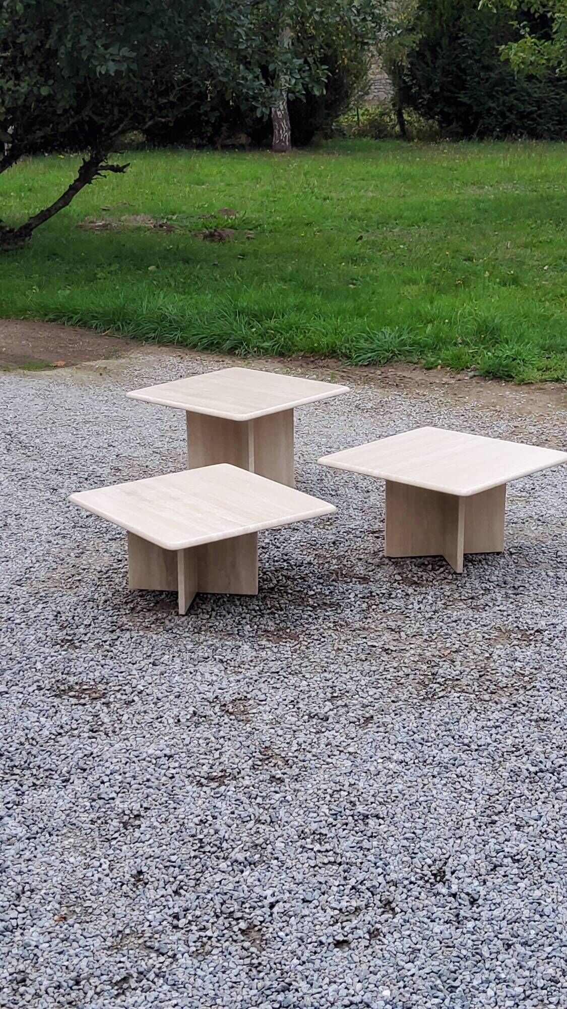 Set of 3 travertine trundle coffee tables from the 70s