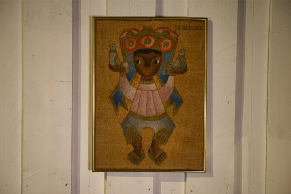 Paire de tableaux sur toile de jute art ethnique, encadrement Trousson et Cie Roubaix, 1970
