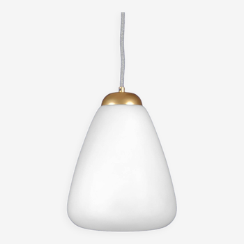 Vintage 1950s British Drop-Shaped Opaline Glass & Gold Pendant Lamp