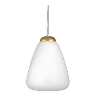 Vintage 1950s British Drop-Shaped Opaline Glass & Gold Pendant Lamp