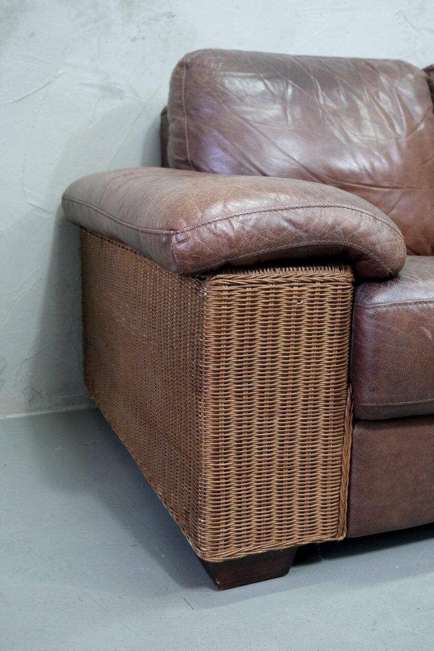 Italian Rattan and Leather Sofa, 1970s
