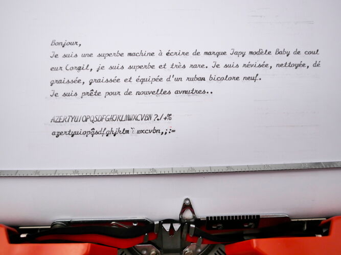 Machine à écrire Japy Baby Cursive (Hermes Baby) rouge révisée ruban neuf